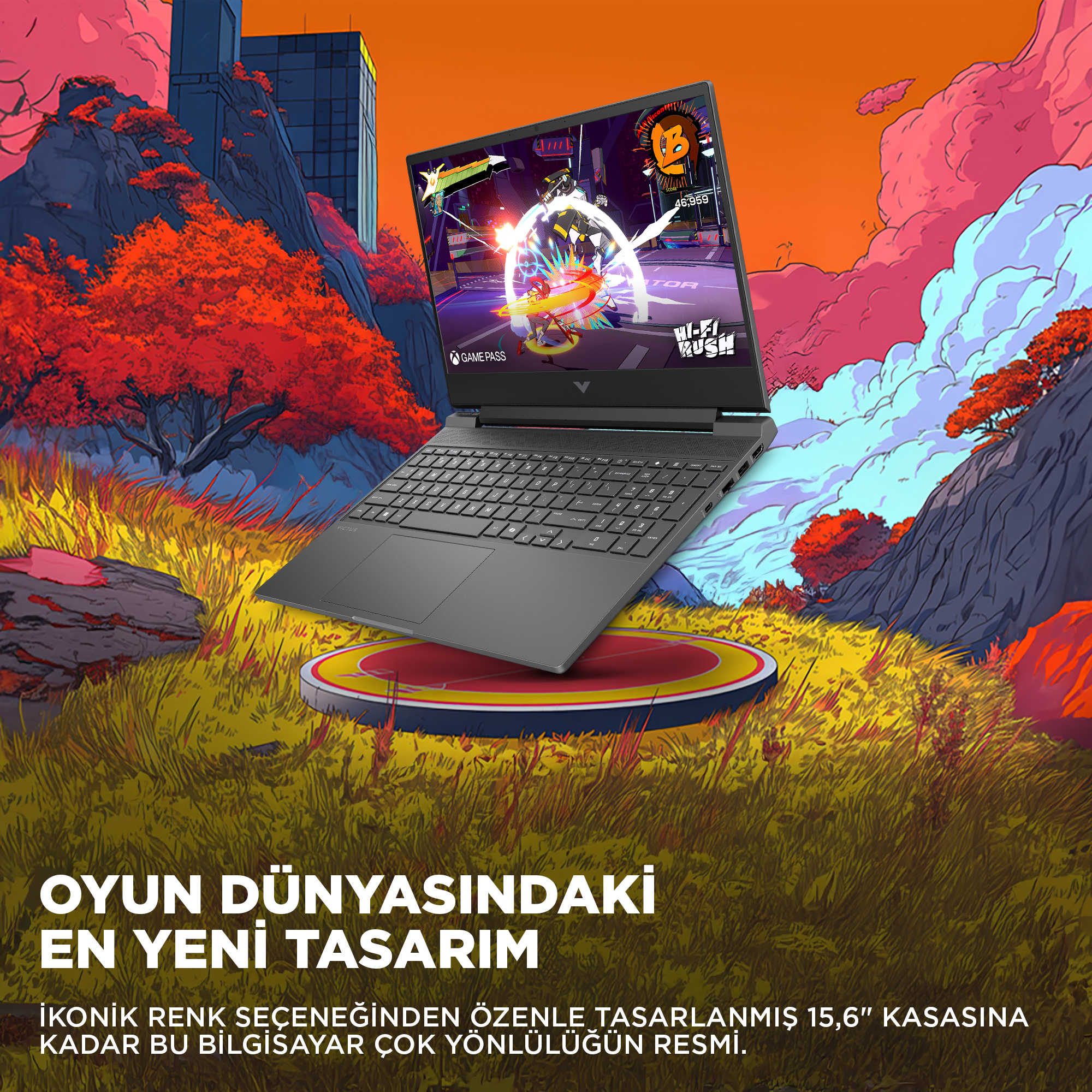 Bir oyun gösteren dizüstü bilgisayar, binaların olduğu canlı, stilize edilmiş manzara.