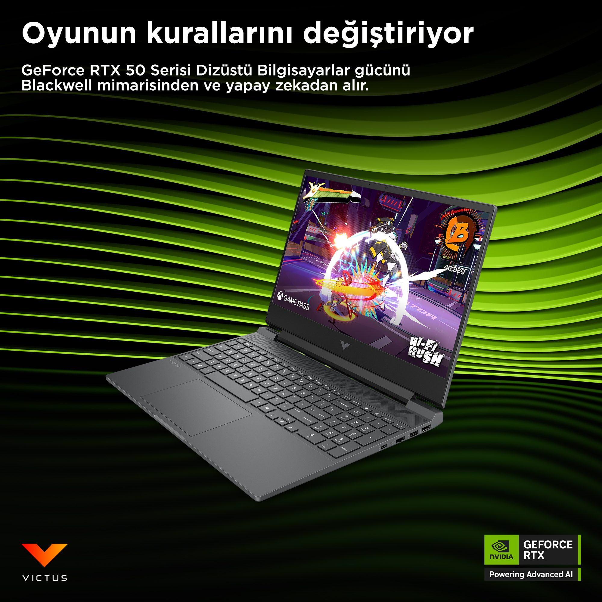 Yeşil çizgilerle çevrili, ekranda oyun gösteren bir dizüstü bilgisayar.