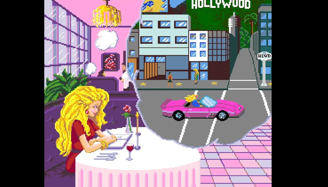 Frau sitzt im Restaurant, denkt an eine rosa Sportwagenfahrt in Hollywood.