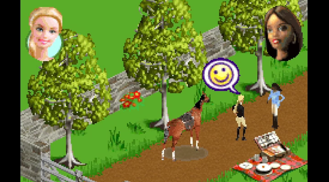 Zwei Mädchen und ein Pferd auf einer Lichtung mit Picknickdecke und Essen.