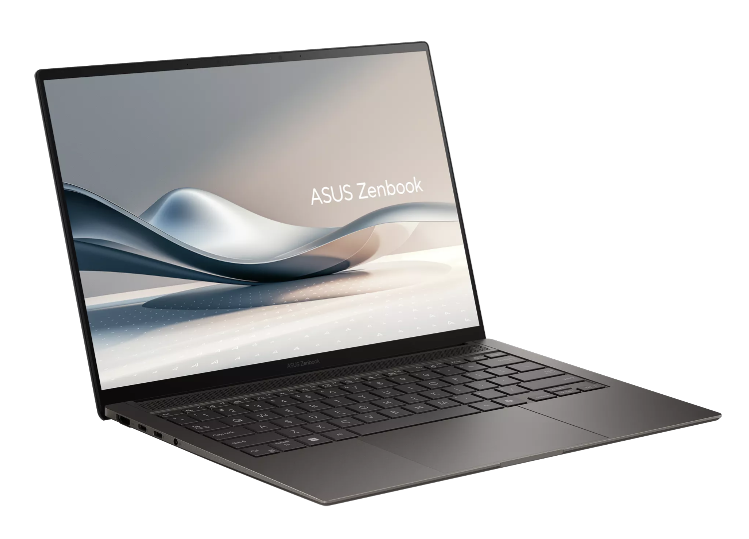 Otwarty laptop ASUS Zenbook z abstrakcyjnym tłem na ekranie.