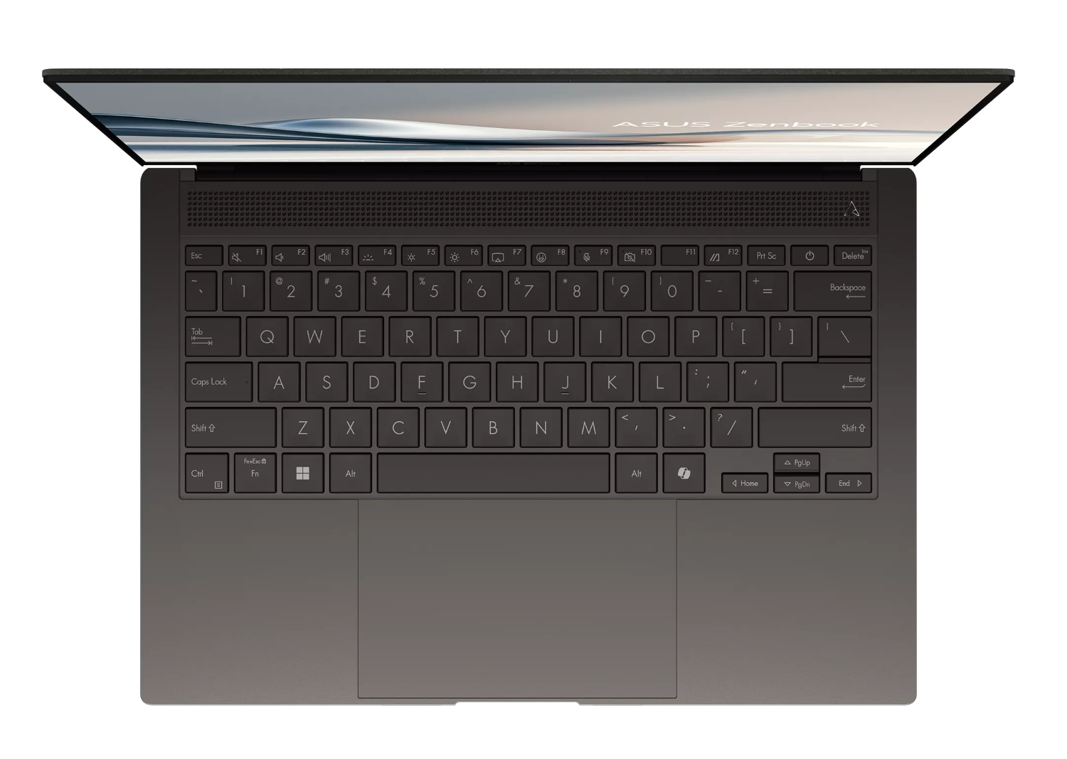 Widok z góry ciemnego laptopa z podświetlaną klawiaturą i otwartym ekranem.