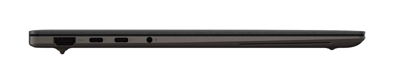 Bok laptopa z portami: HDMI, 2x Thunderbolt, gniazdo audio.