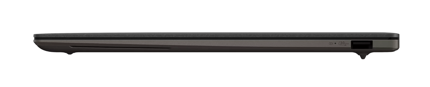 Czarny laptop, widok z boku z portem USB-C i logo 10 Gbps.