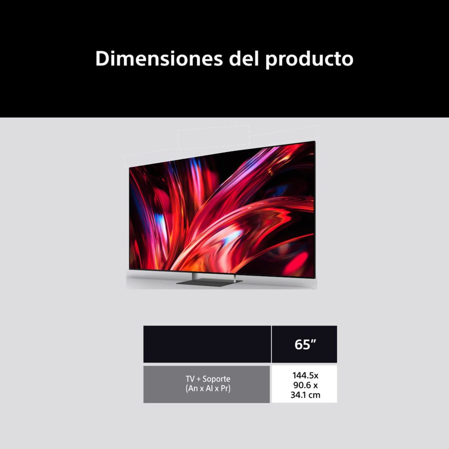 Un TV de 65" con soporte mide 144.5 x 90.6 x 34.1 cm.