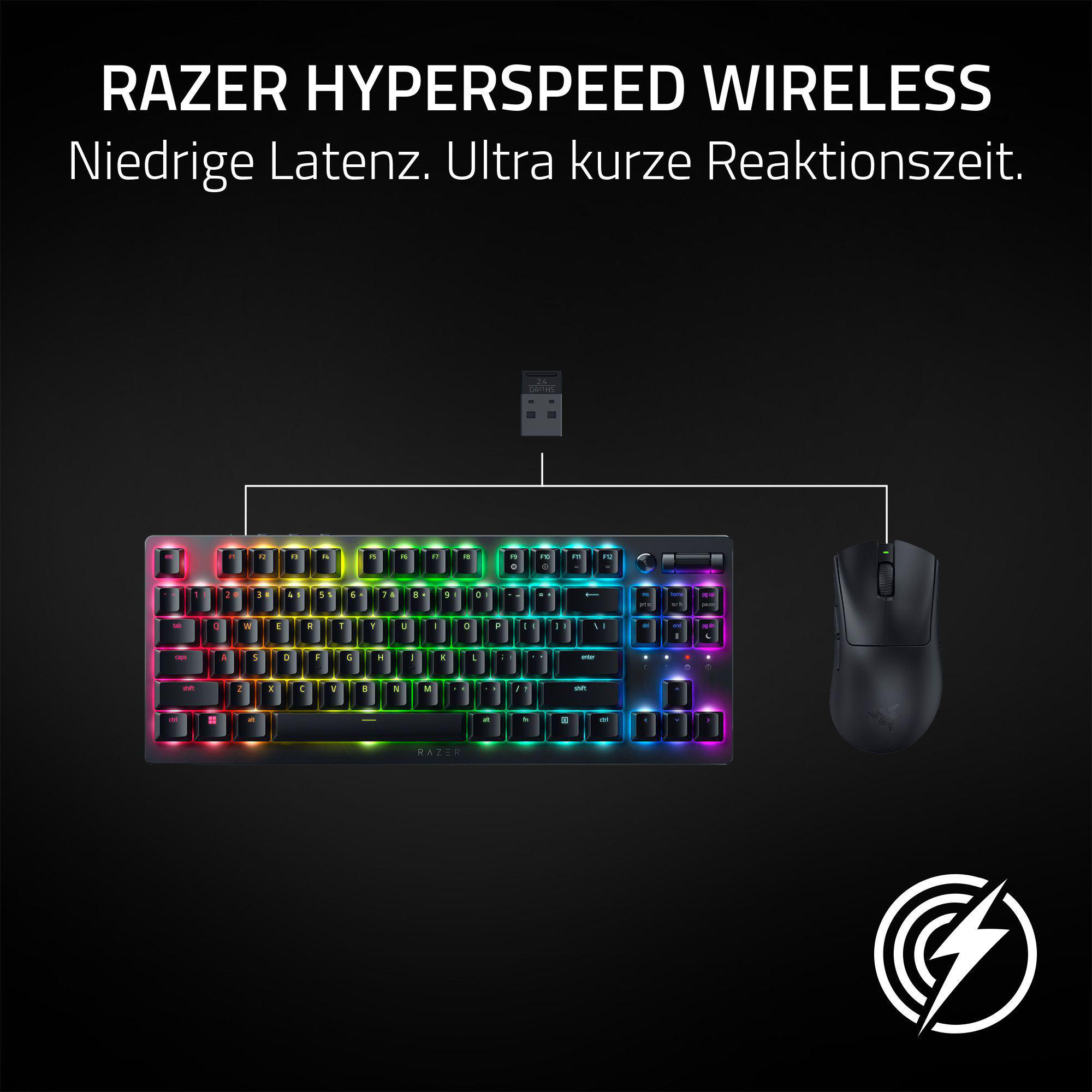 Schwarze Tastatur und Maus mit RGB-Beleuchtung und USB-Dongle auf schwarzem Hintergrund.