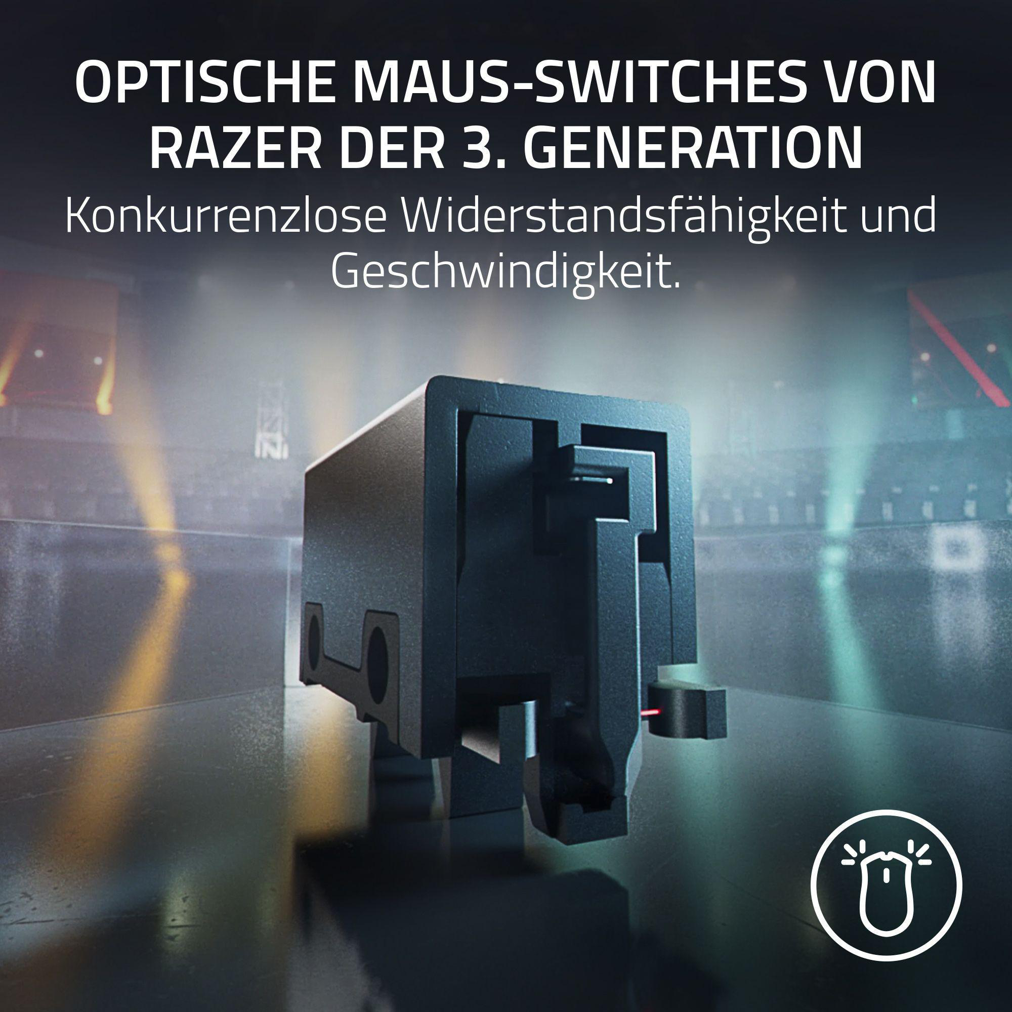 Nahaufnahme eines schwarzen optischen Mausschalter-Mechanismus mit einem roten Laserstrahl.