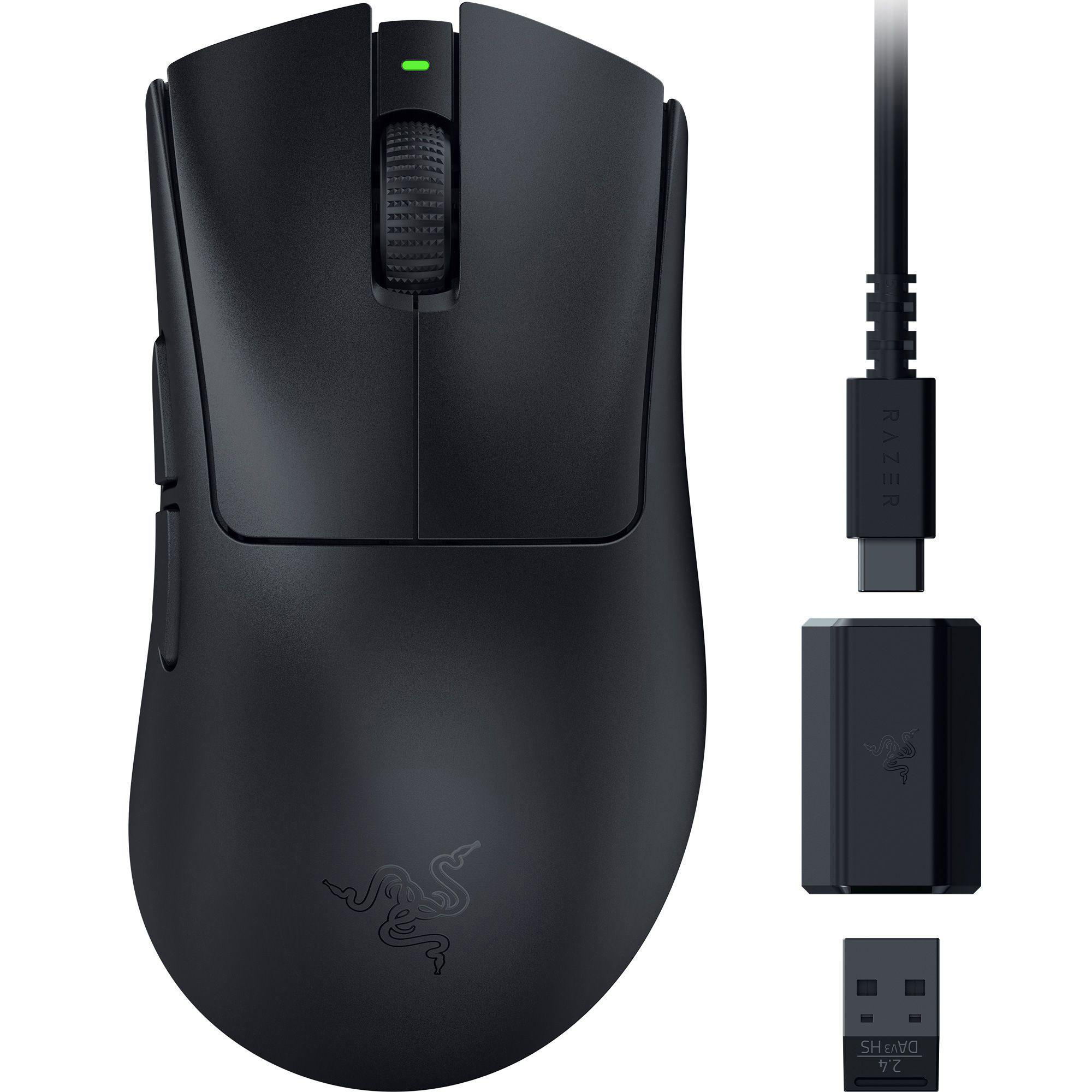 Schwarze Razer-Gaming-Maus mit Zubehör: USB-Dongle, Adapter und Ladekabel.