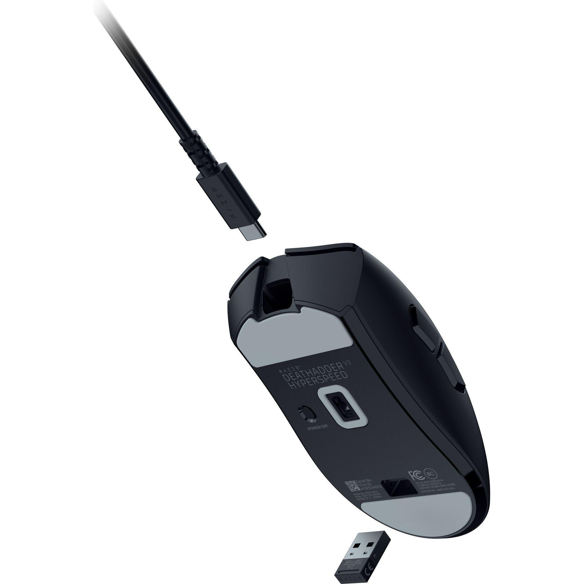 Schwarze Razer DeathAdder V3 Hyperspeed Maus mit USB-C-Kabel und Dongle.