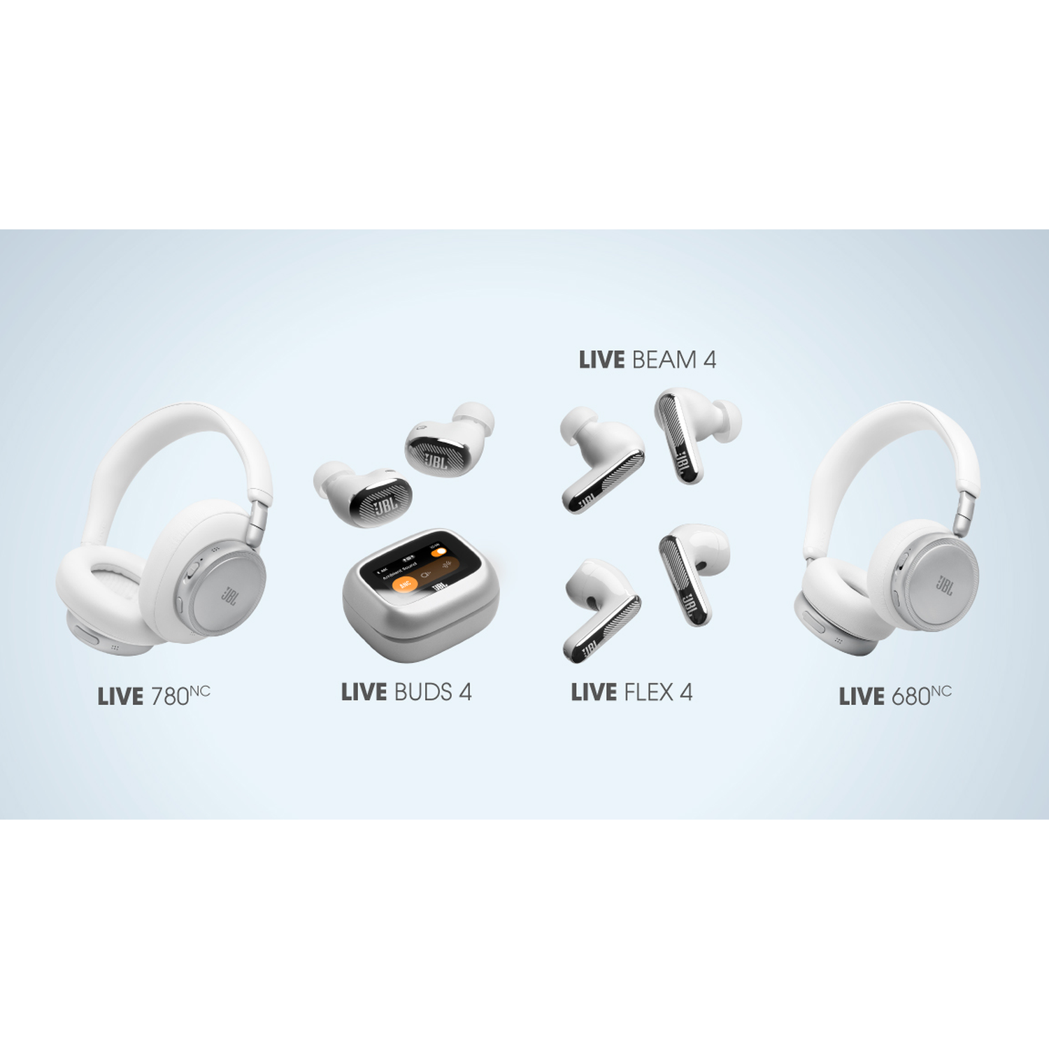 White JBL headphones and earbuds displayed on a light blue background.