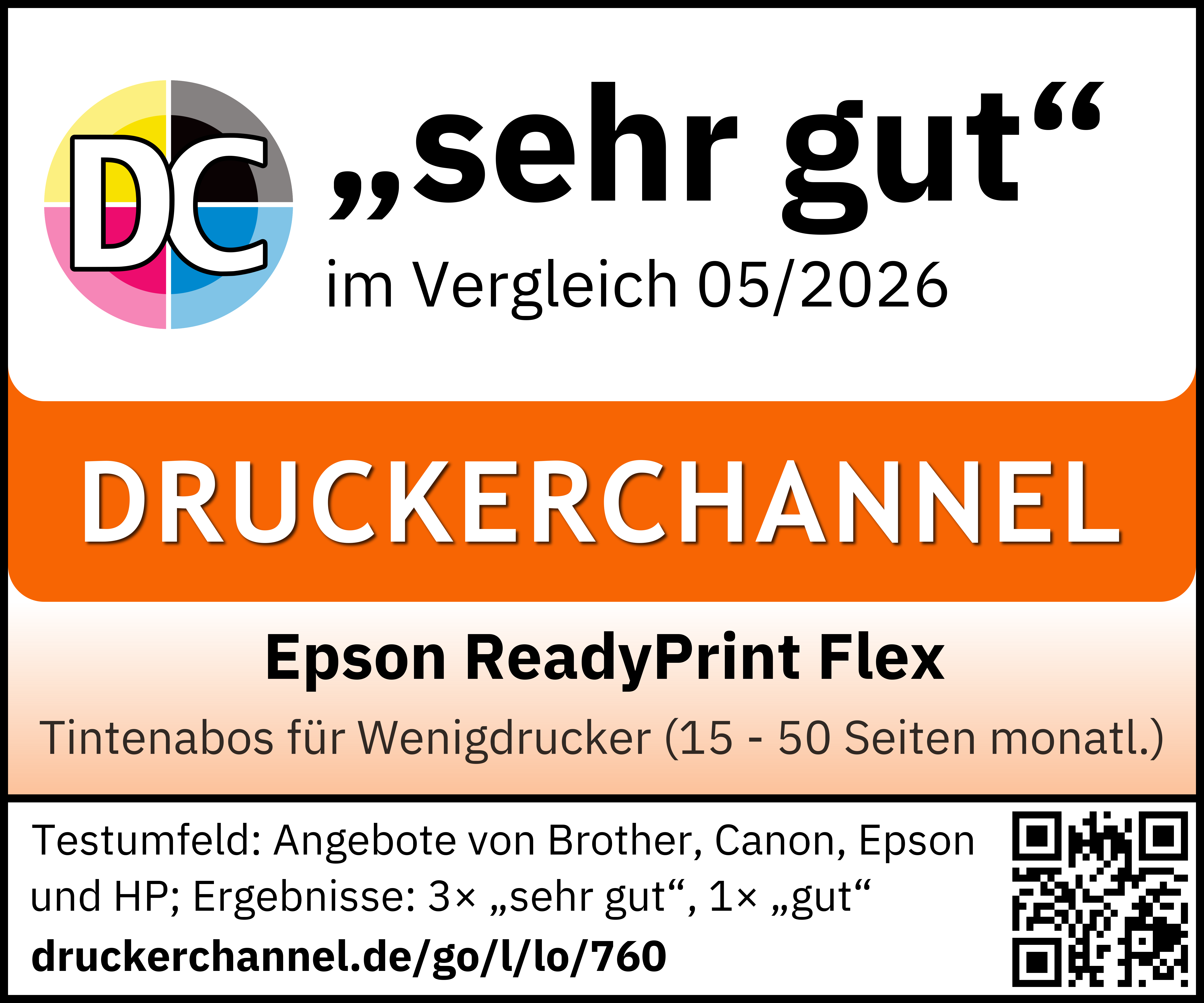 Logo mit DC, 'sehr gut', DRUCKERCHANNEL, Epson ReadyPrint Flex und QR-Code.