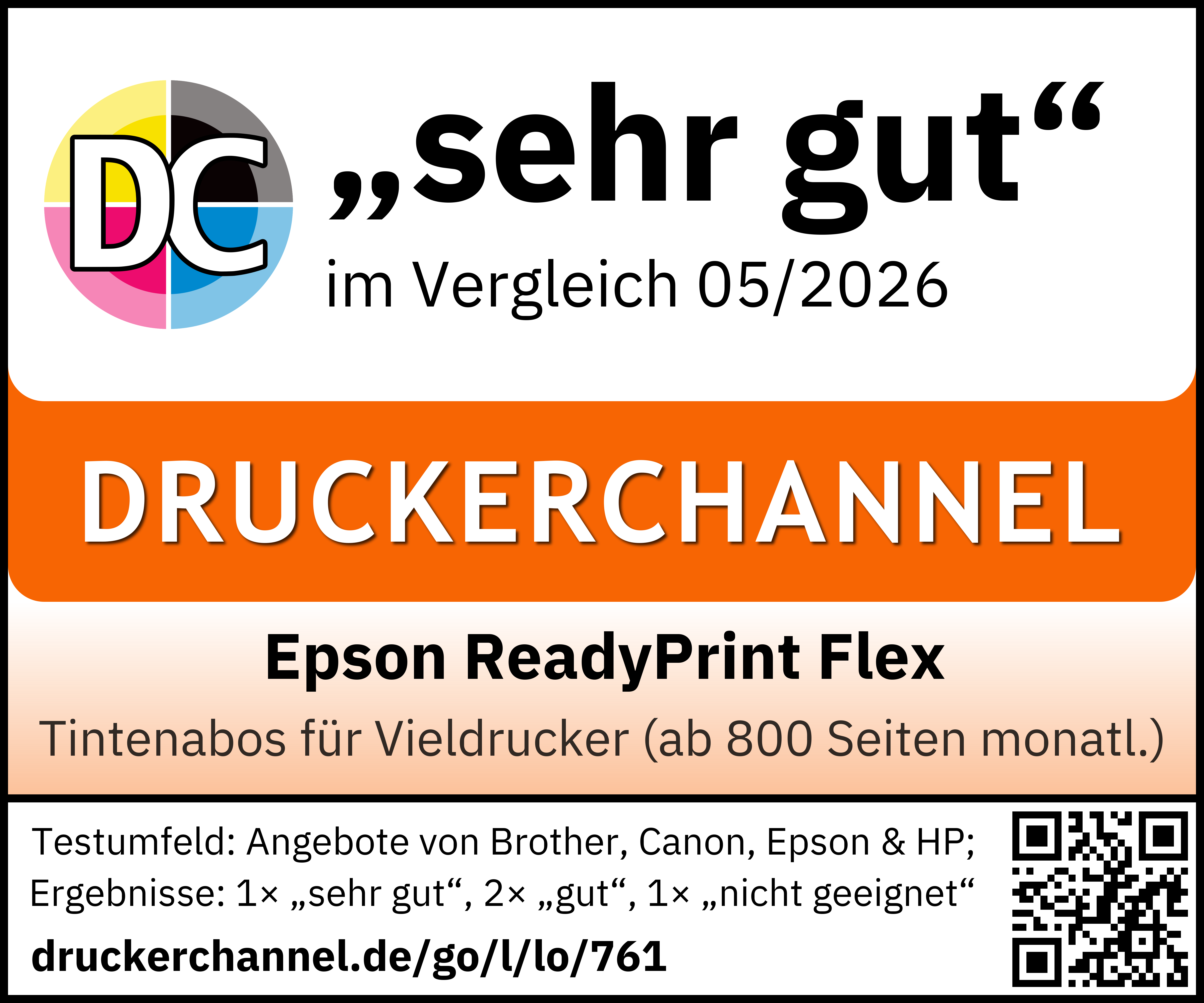 Logo 'DC', 'sehr gut' im Vergleich 05/2026, DRUCKERCHANNEL, Epson ReadyPrint Flex
