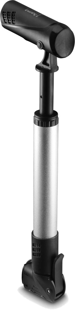Czarna pompka rowerowa z srebrnym cylindrem i czarną rączką.