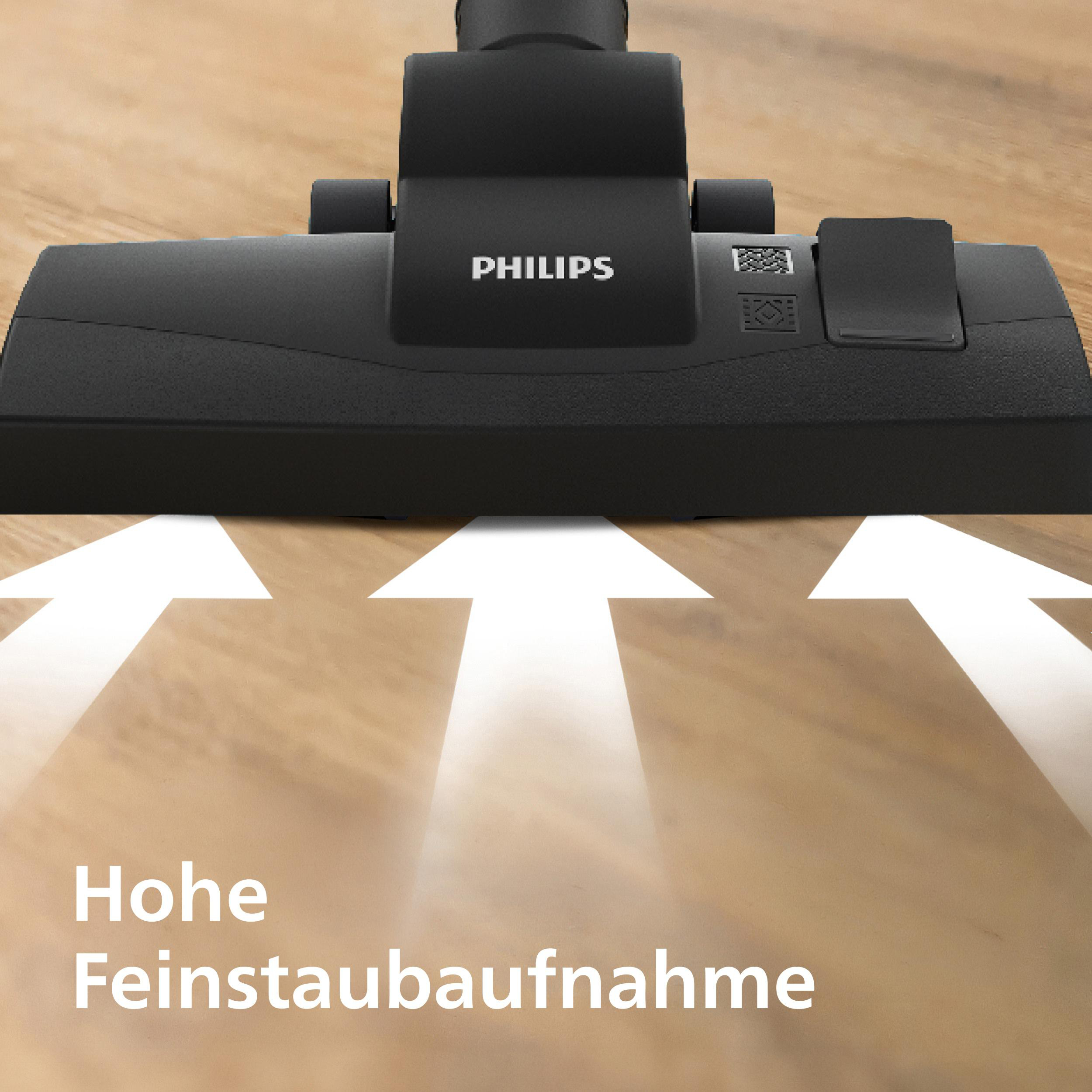 Schwarzer Philips Staubsaugeraufsatz mit weißen Pfeilen, die Saugkraft anzeigen.
