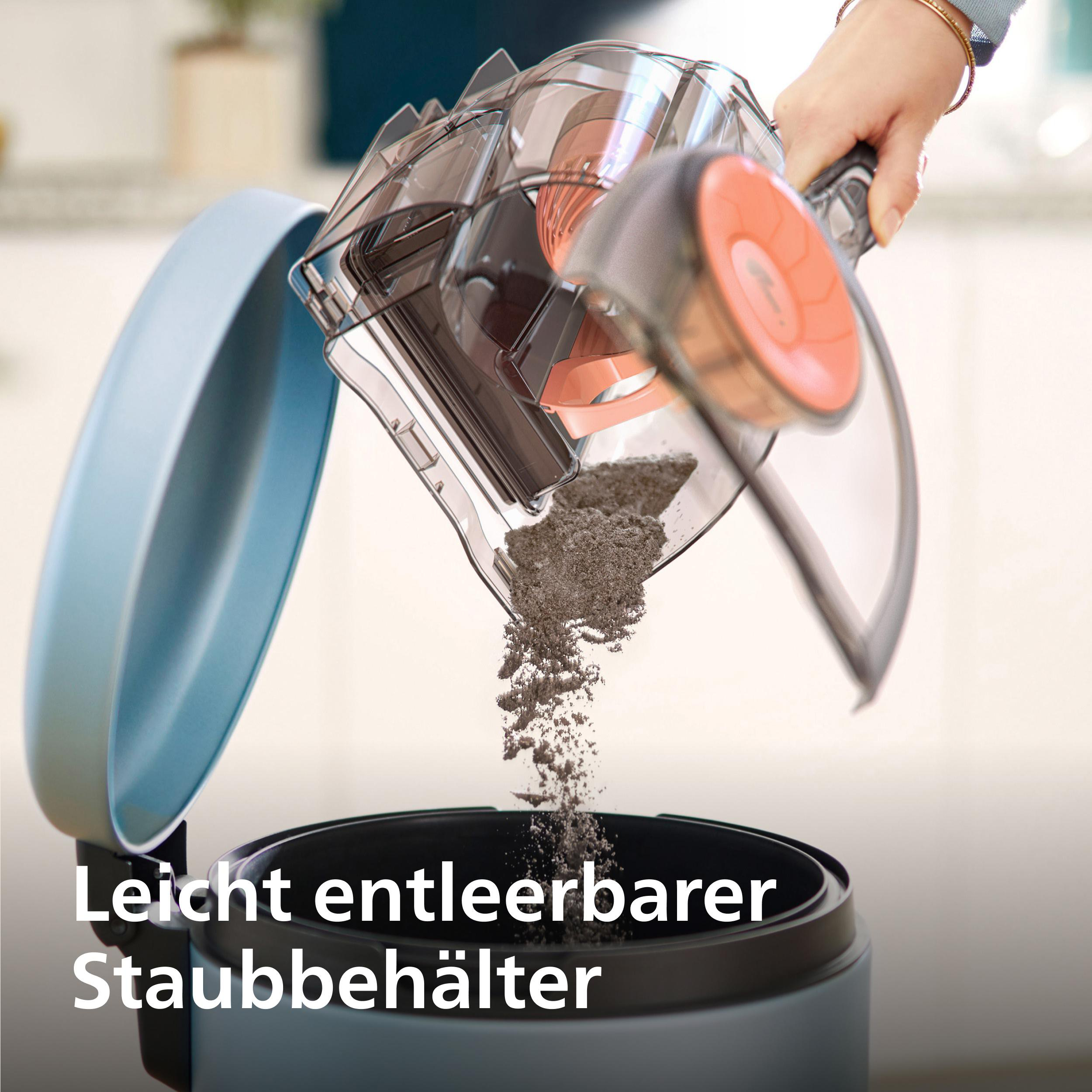 Eine Hand leert einen transparenten Staubbehälter in einen blauen Behälter.