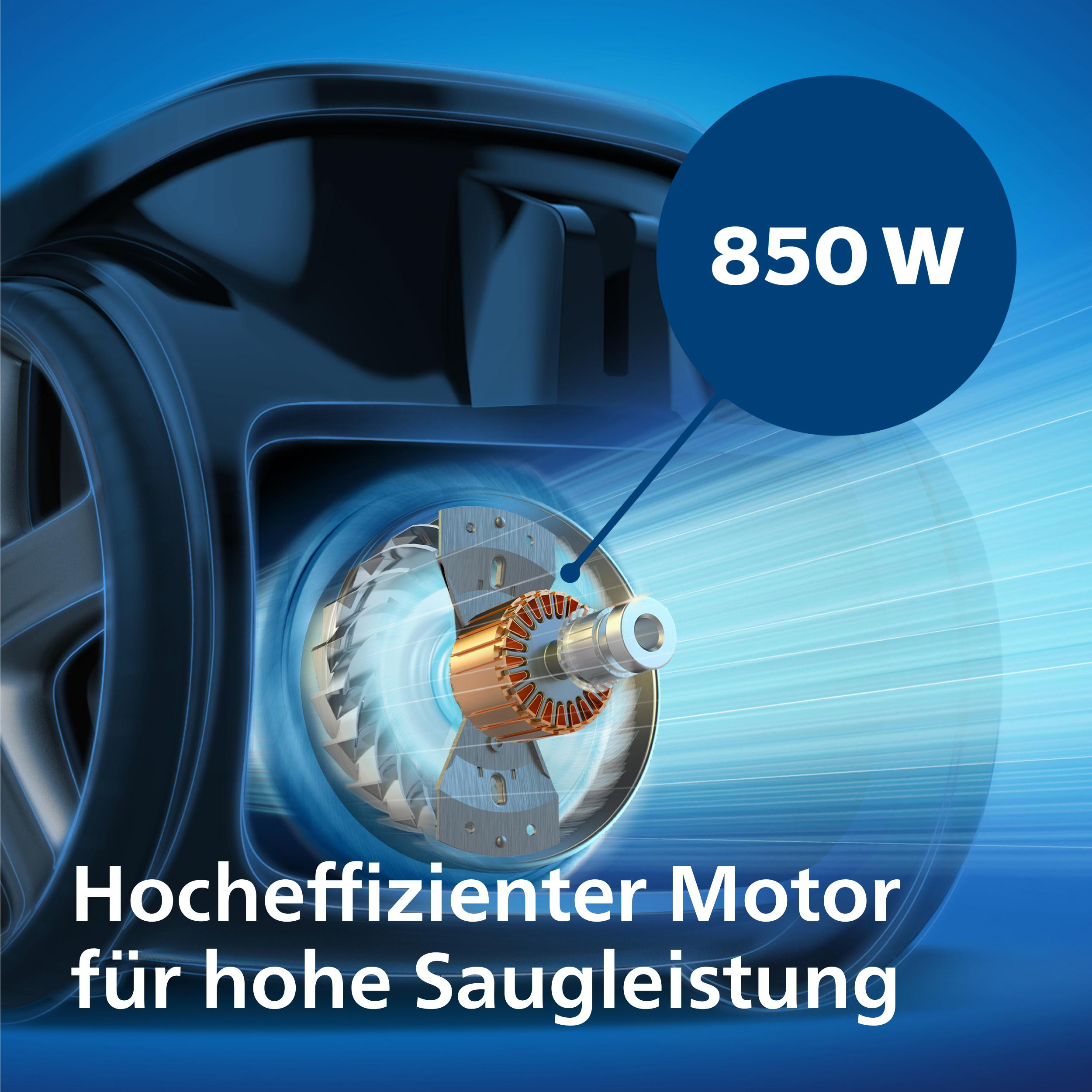 Ein 850W Motor in einem Staubsauger mit blauem Hintergrund.