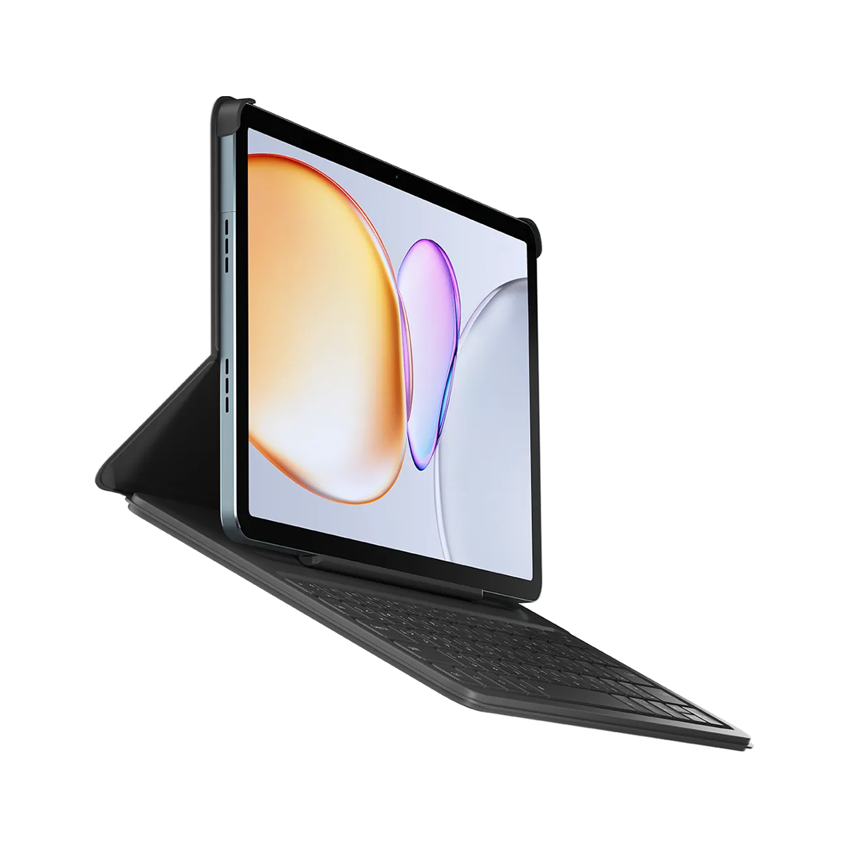 Soyut arka plan üzerinde koyu gri klavyeli tablet.