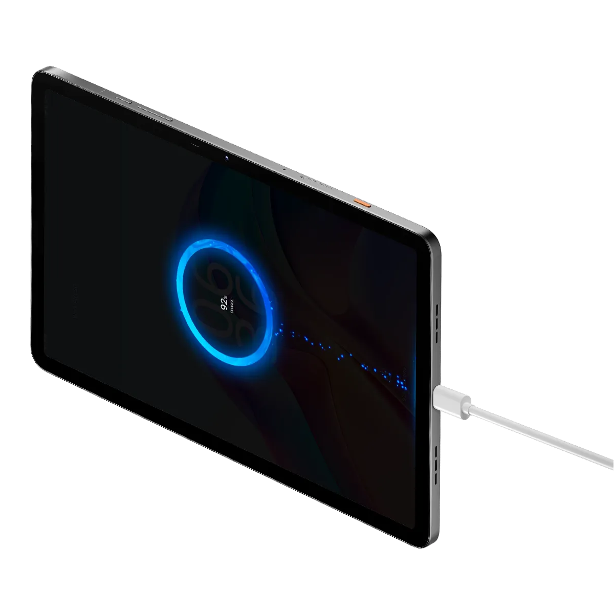 Tablet, mavi parlayan bir daire ile %92 şarj gösteriyor. Beyaz USB-C kablosu takılı.