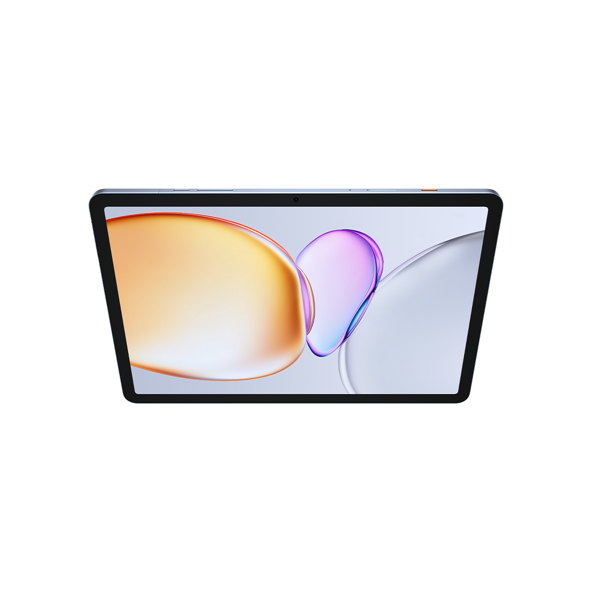 Tablet, beyaz arka plan üzerinde turuncu ve mor lekelerle renkli, soyut bir duvar kağıdı gösteriyor.