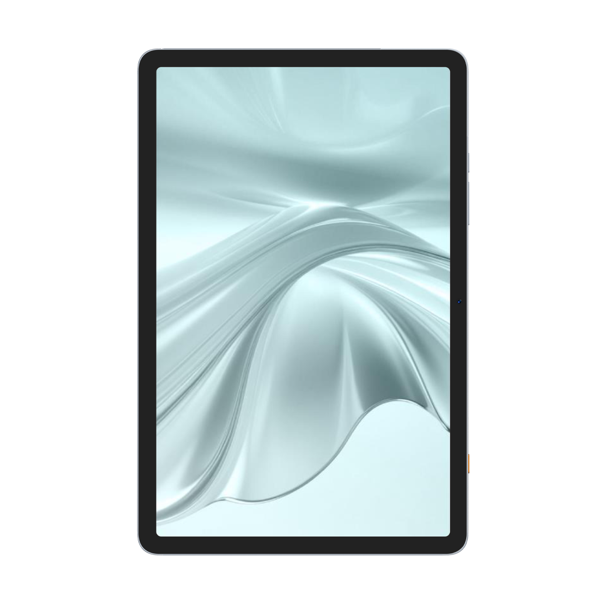 Soyut, akıcı, gümüş bir arka planı gösteren bir tablet.