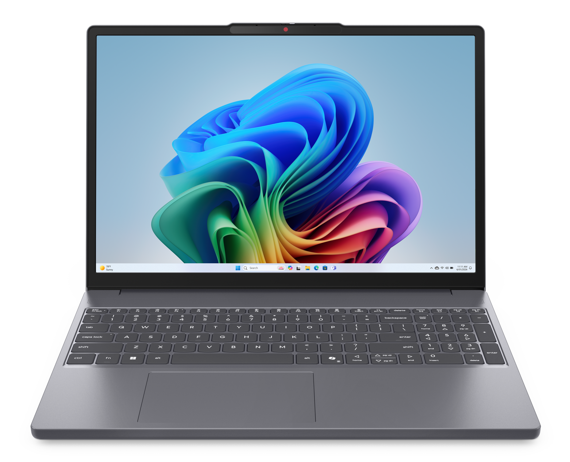 Zamknięty laptop z kolorową, abstrakcyjną tapetą na ekranie.