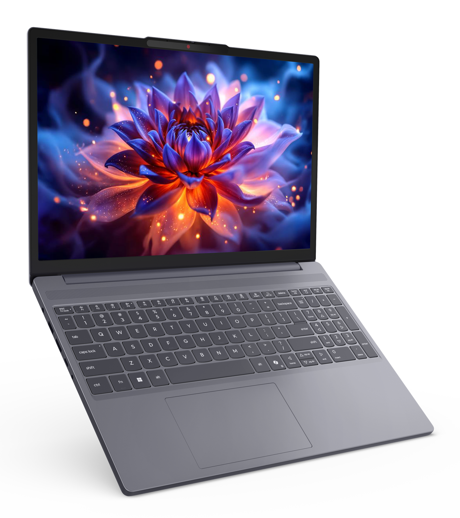 Szary laptop z tapetą przedstawiającą stylizowany kwiat. Klawiatura i touchpad widoczne.