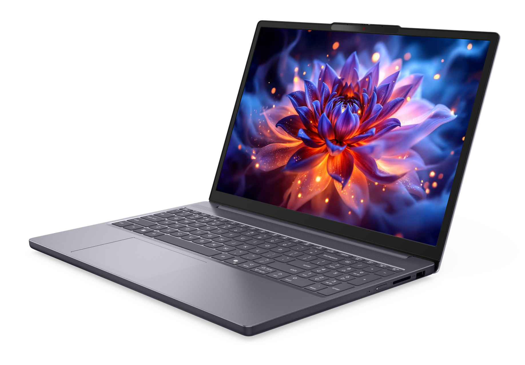 Otwarty laptop wyświetlający niebiesko-pomarańczowy wzór kwiatowy na ekranie.