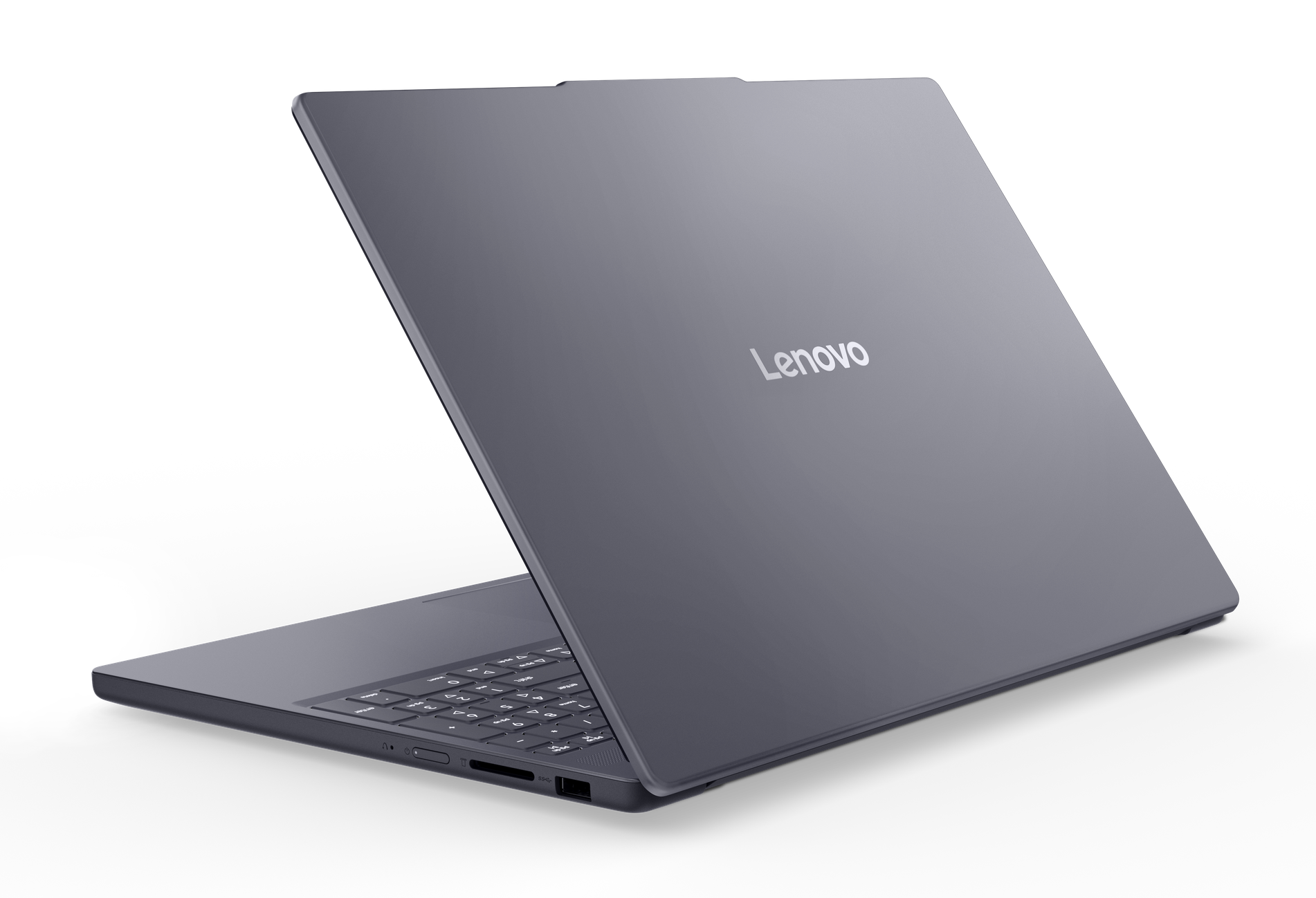 Szary laptop Lenovo, częściowo otwarty, z klawiaturą i logo.