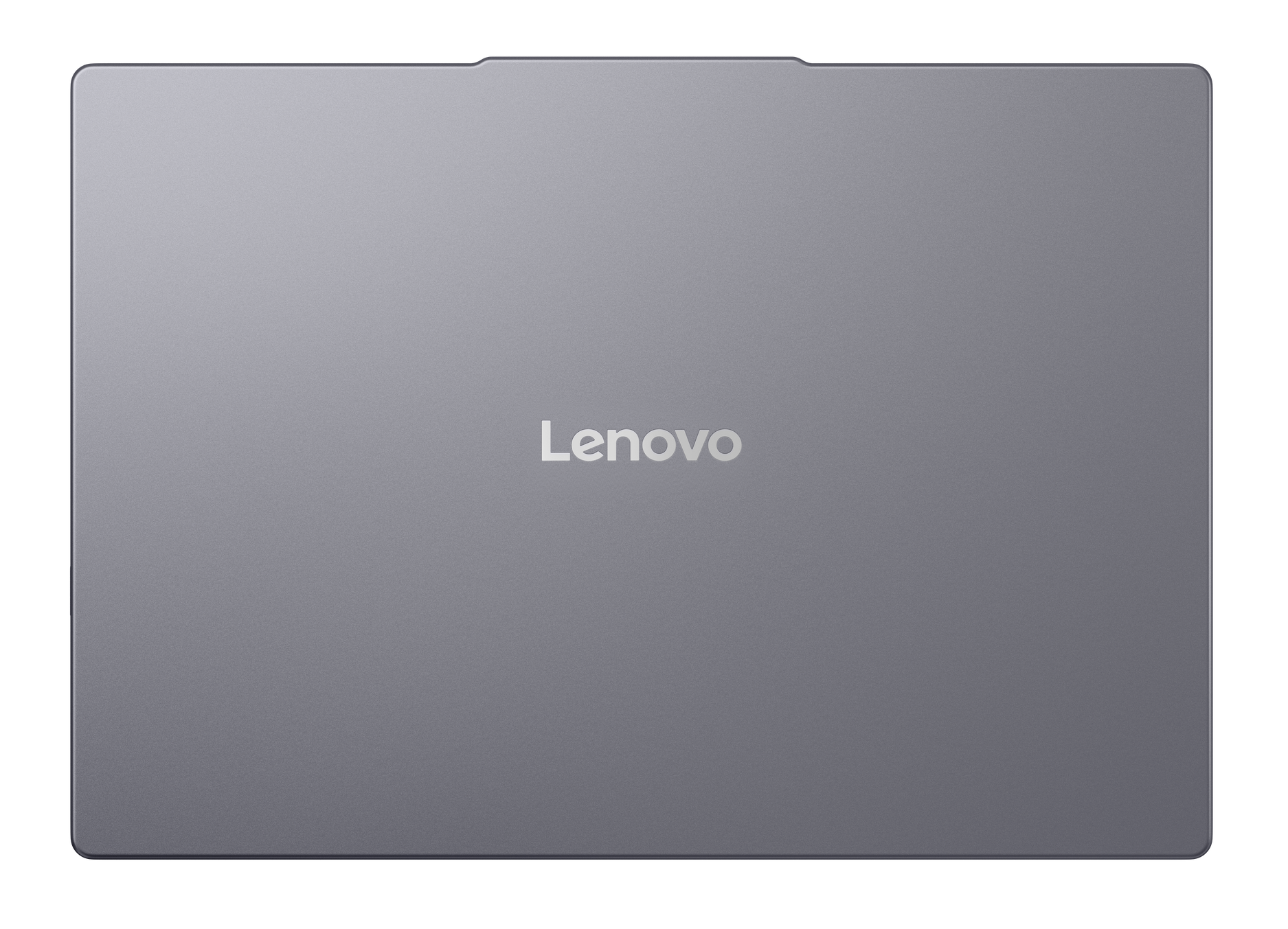 Zamknięty szary laptop Lenovo z logo pośrodku na czarnym tle.