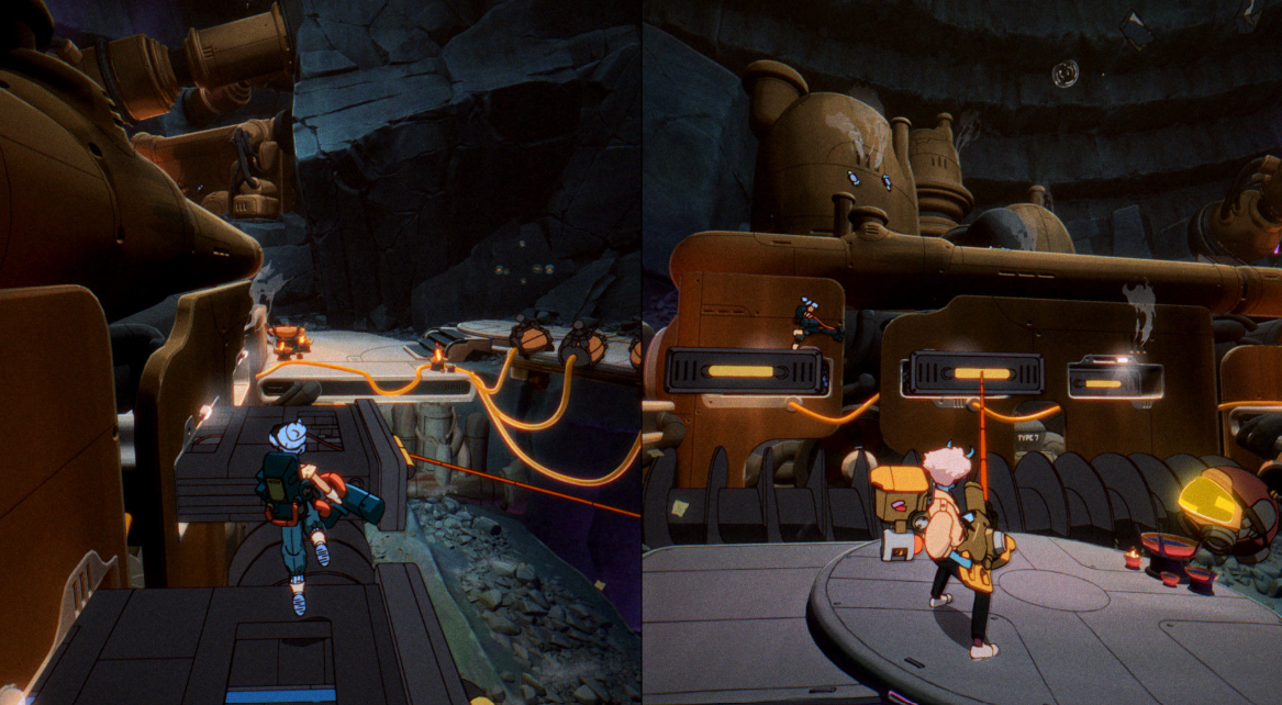Zwei Charaktere in einer industriellen Höhle mit Rohren und Maschinen.