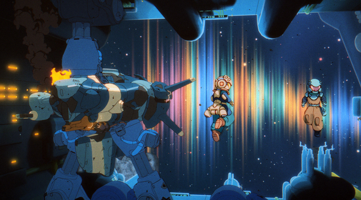 Ein riesiger blauer Mech mit gelben Flammen und Rauch, 2 Astronauten schweben.