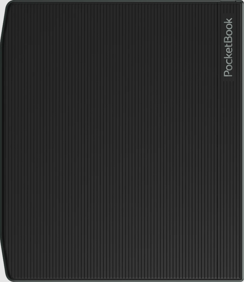 Schwarzer E-Reader mit gerippter Rückseite und „PocketBook“-Logo.