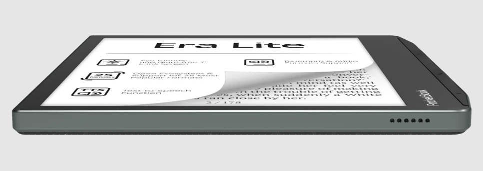 PocketBook Era Lite E-Reader mit umgeblätterter Seite, Text und Symbolen für Funktionen.