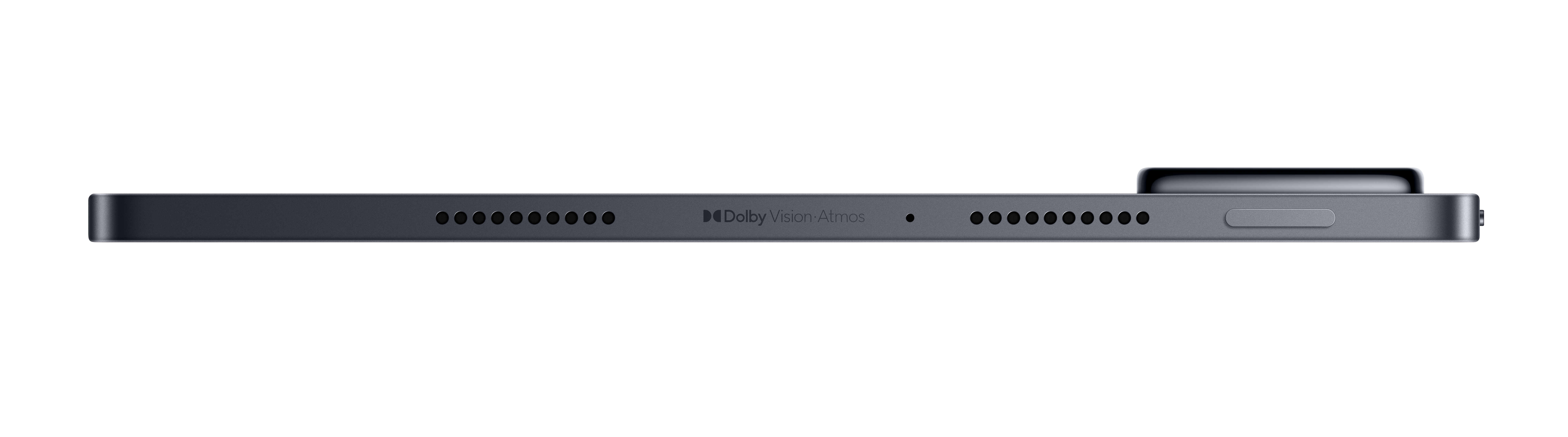 Graues Tablet mit Lautsprechergittern und Dolby Vision Atmos-Logo auf schwarzem Hintergrund.