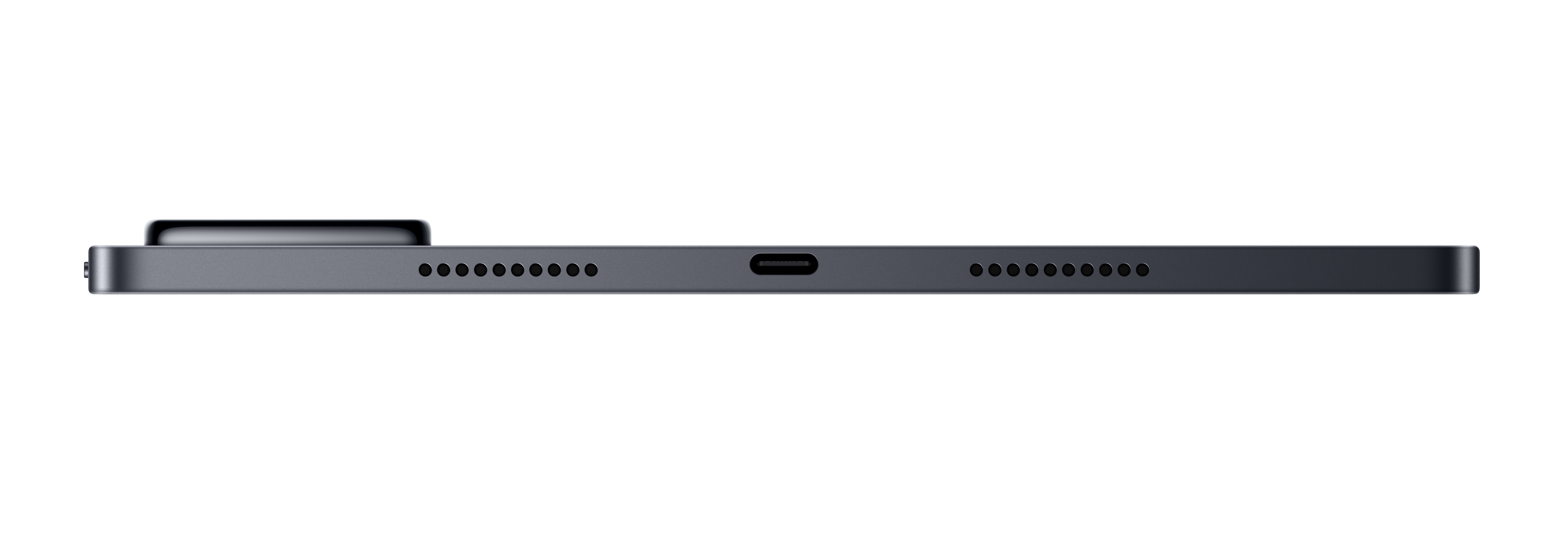 Nahaufnahme der Kante eines grauen Tablets mit Lautsprechergittern und USB-C-Anschluss.