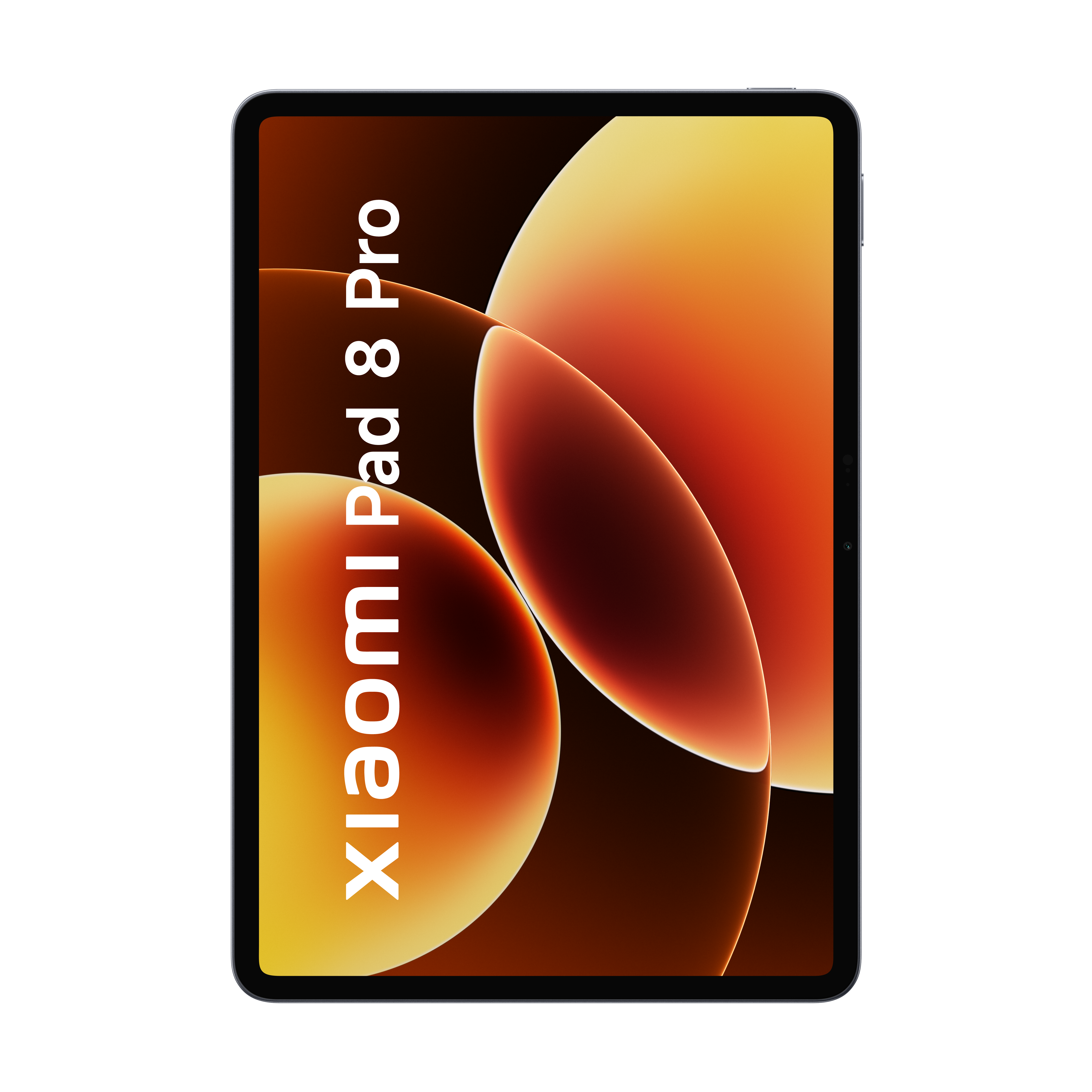 Ein Tablet mit dem Text "Xiaomi Pad 8 Pro" und abstrakten orangen Formen.