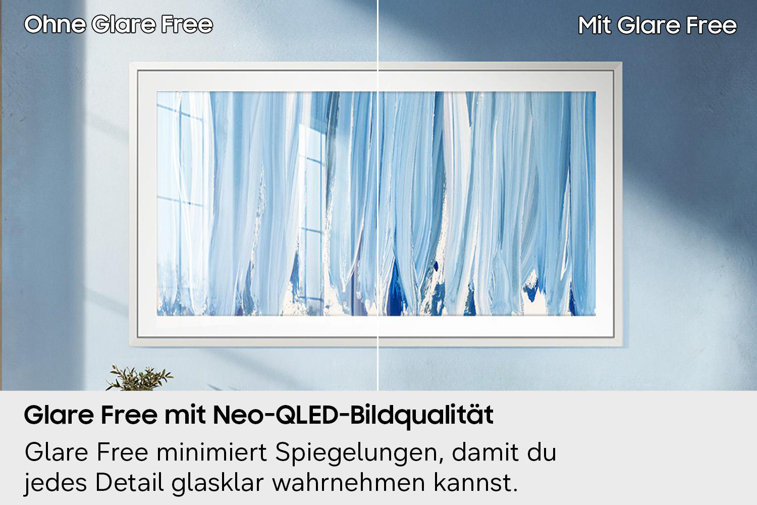 Vergleich: Links ohne Glare Free, rechts mit Glare Free. Bild: Blaues abstraktes Gemälde.