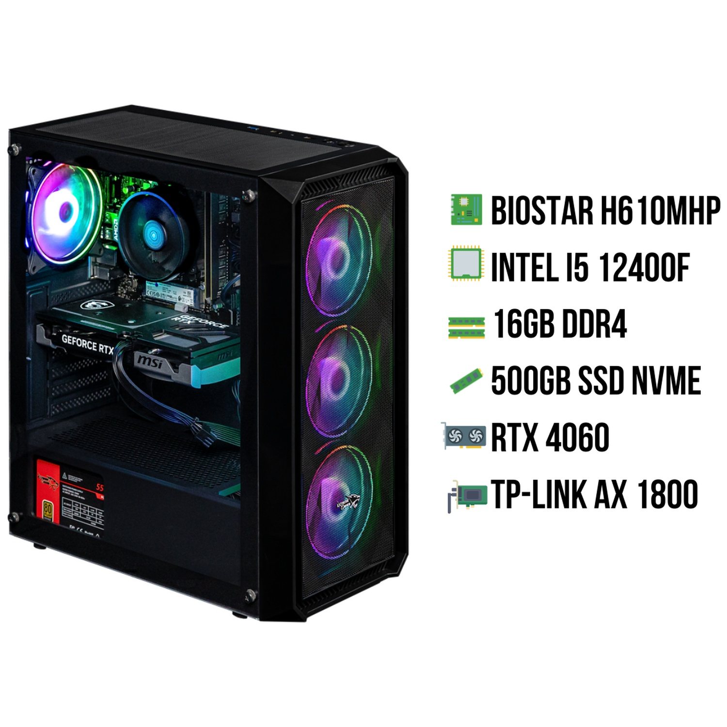 Een zwarte pc-toren met RGB-ventilatoren en zichtbare hardware ernaast met specificaties.