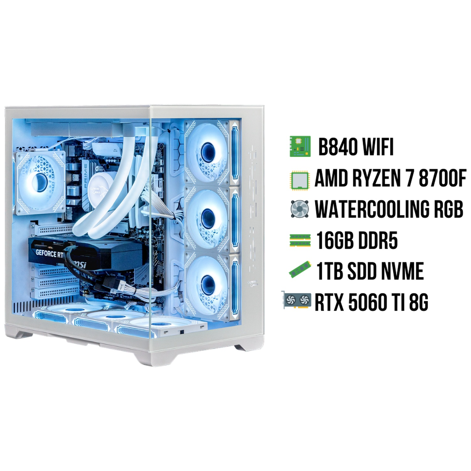 Een witte pc met RGB-ventilatoren en componenten zoals RTX 5060 Ti.