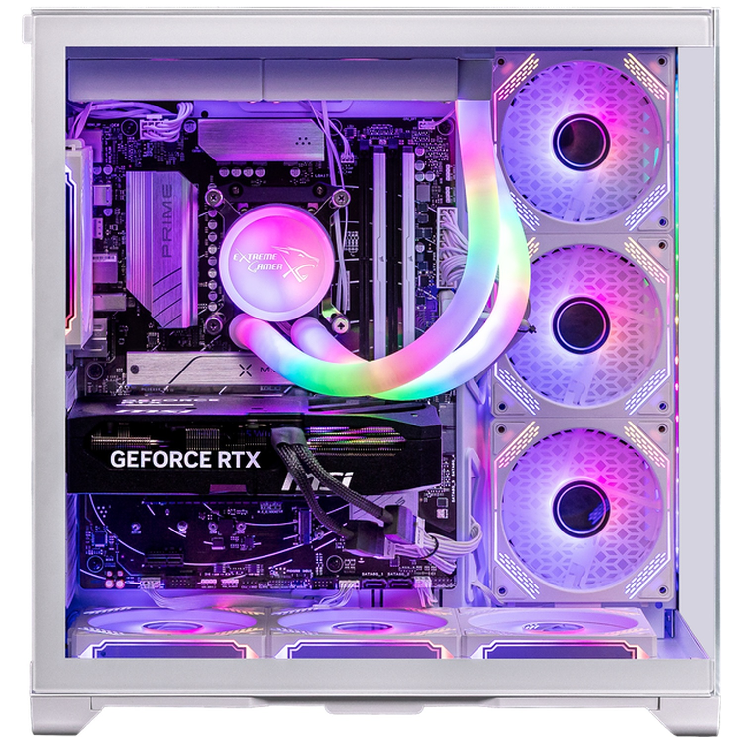 Een witte pc-behuizing met RGB-verlichting, waterkoeling en GeForce RTX-kaart.