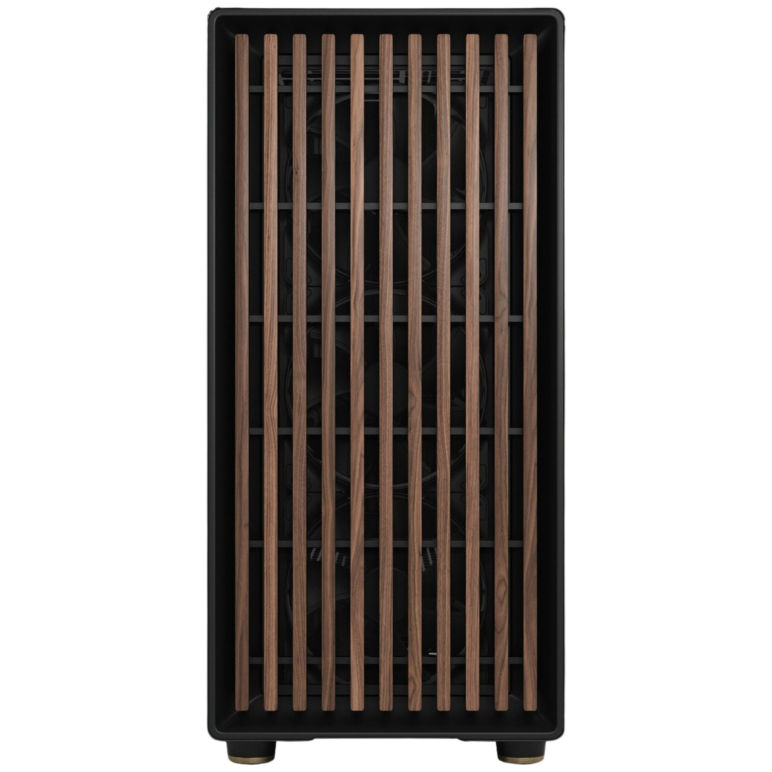 Zwarte behuizing met verticale houten latten en zichtbare ventilatoren.