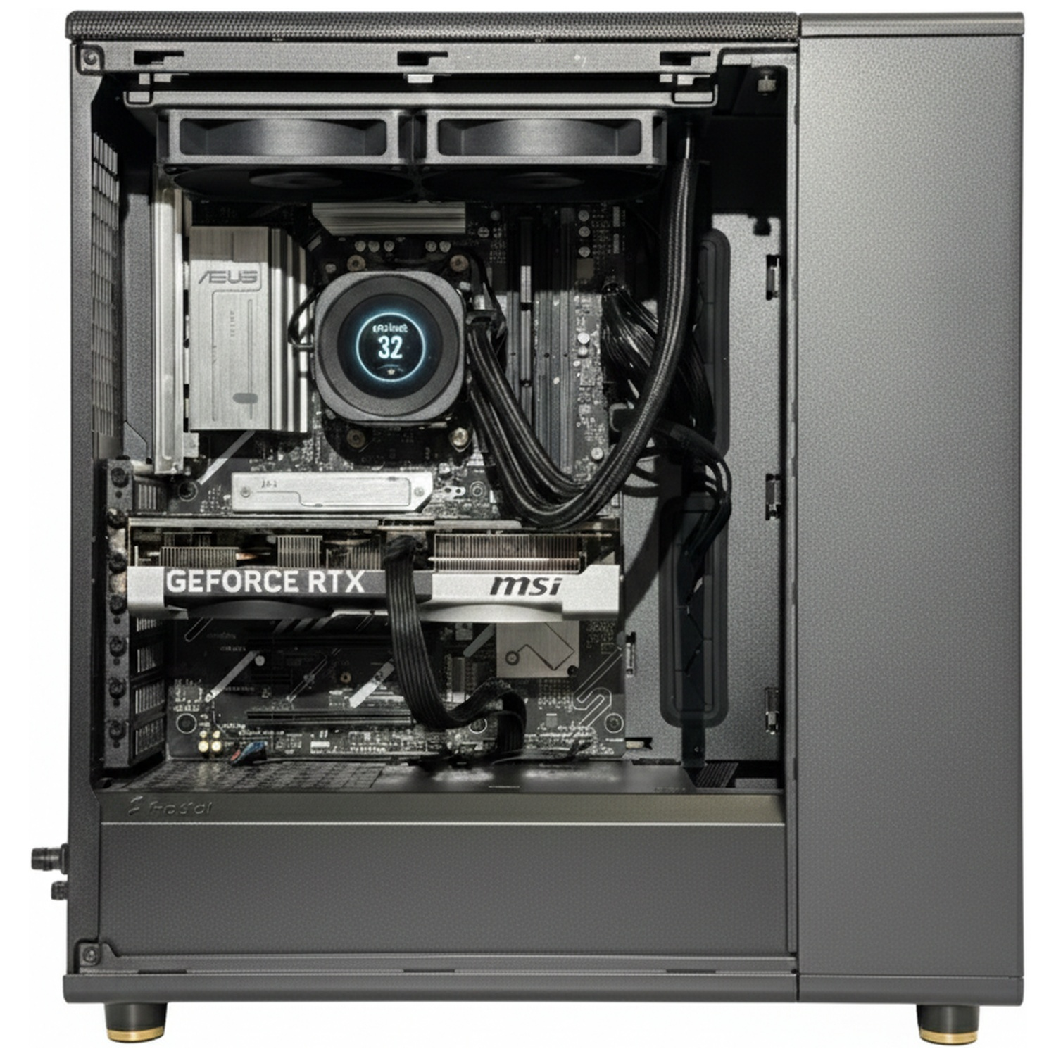 Een open computer met RGB-ventilatoren, CPU-koeler en grafische kaart.