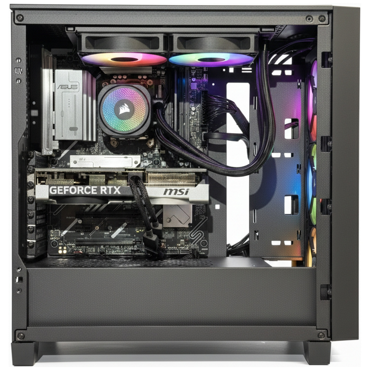 Zwarte pc-behuizing met RGB-ventilatoren en componenten. Een GeForce RTX MSI GPU is zichtbaar.
