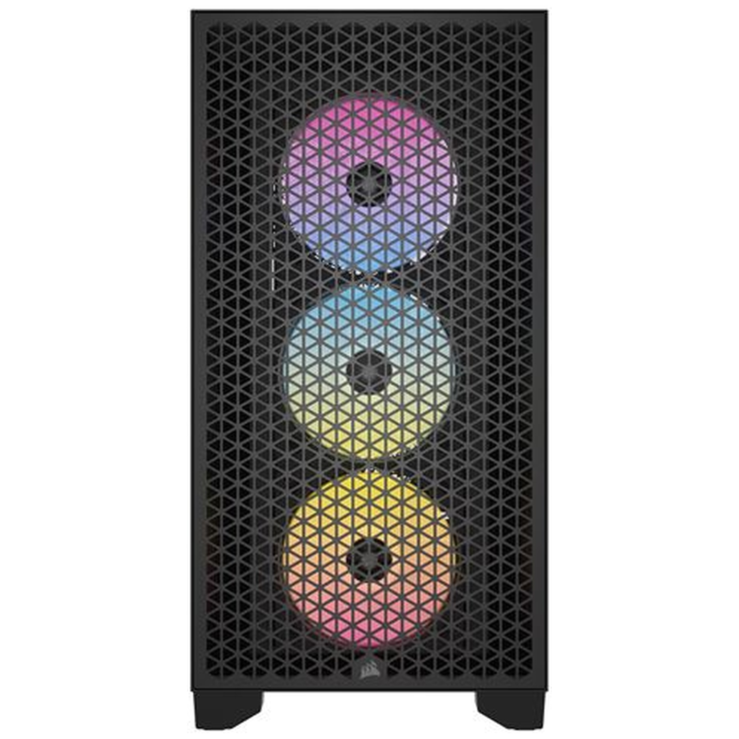 Zwarte computerkast met drie verlichte ventilatoren aan de voorzijde.