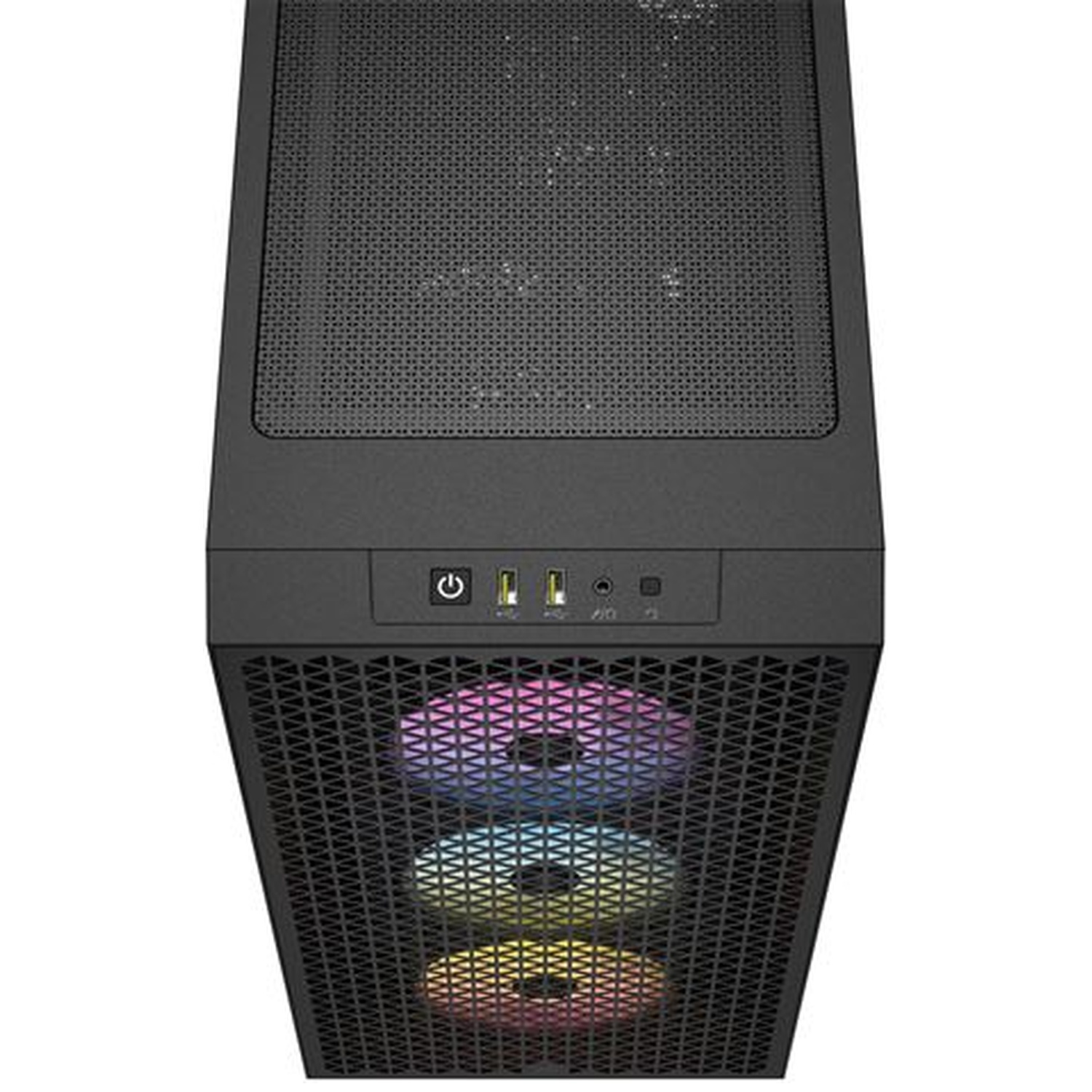 Zwarte pc-behuizing met verlichte ventilatoren en bedieningselementen boven.