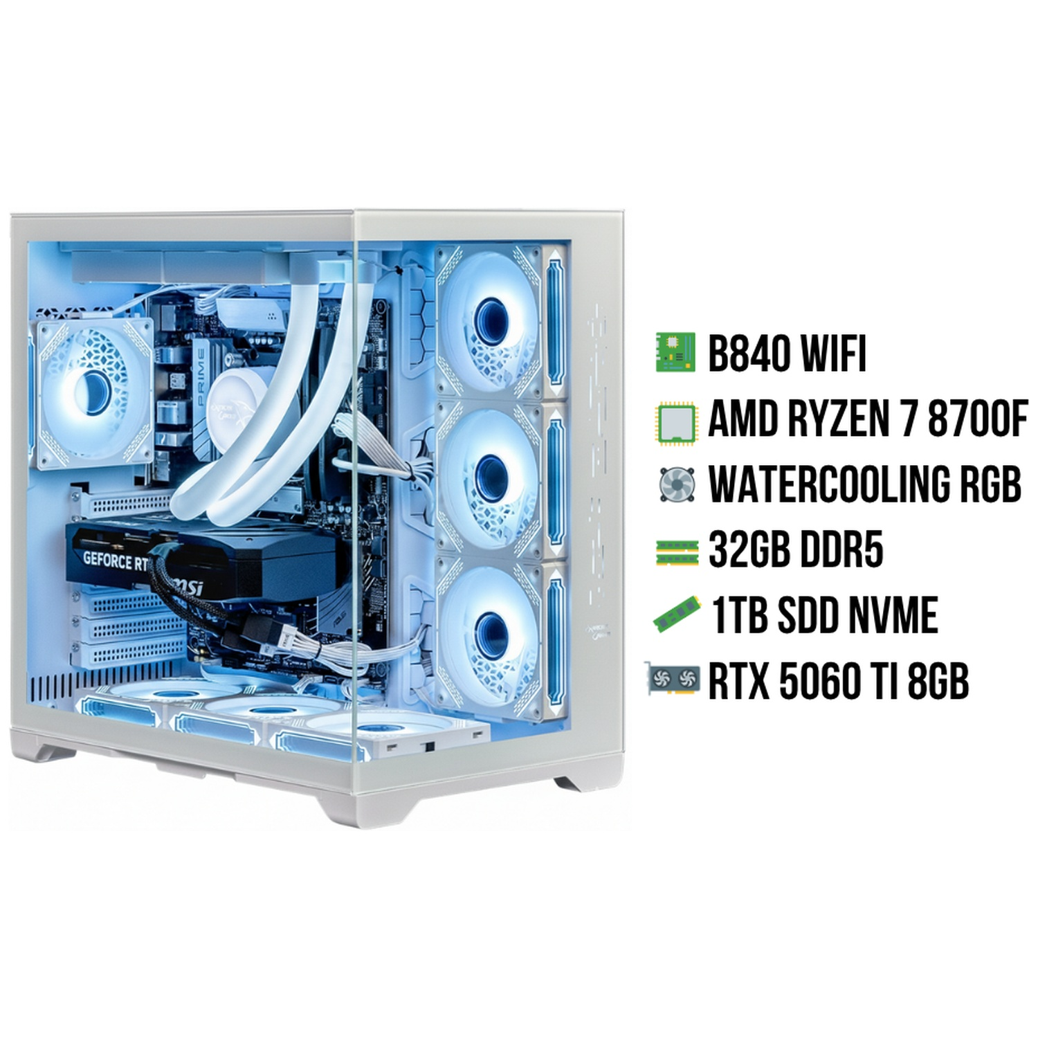 Een witte pc met RGB-verlichting, waterkoeling en componentenlijst.