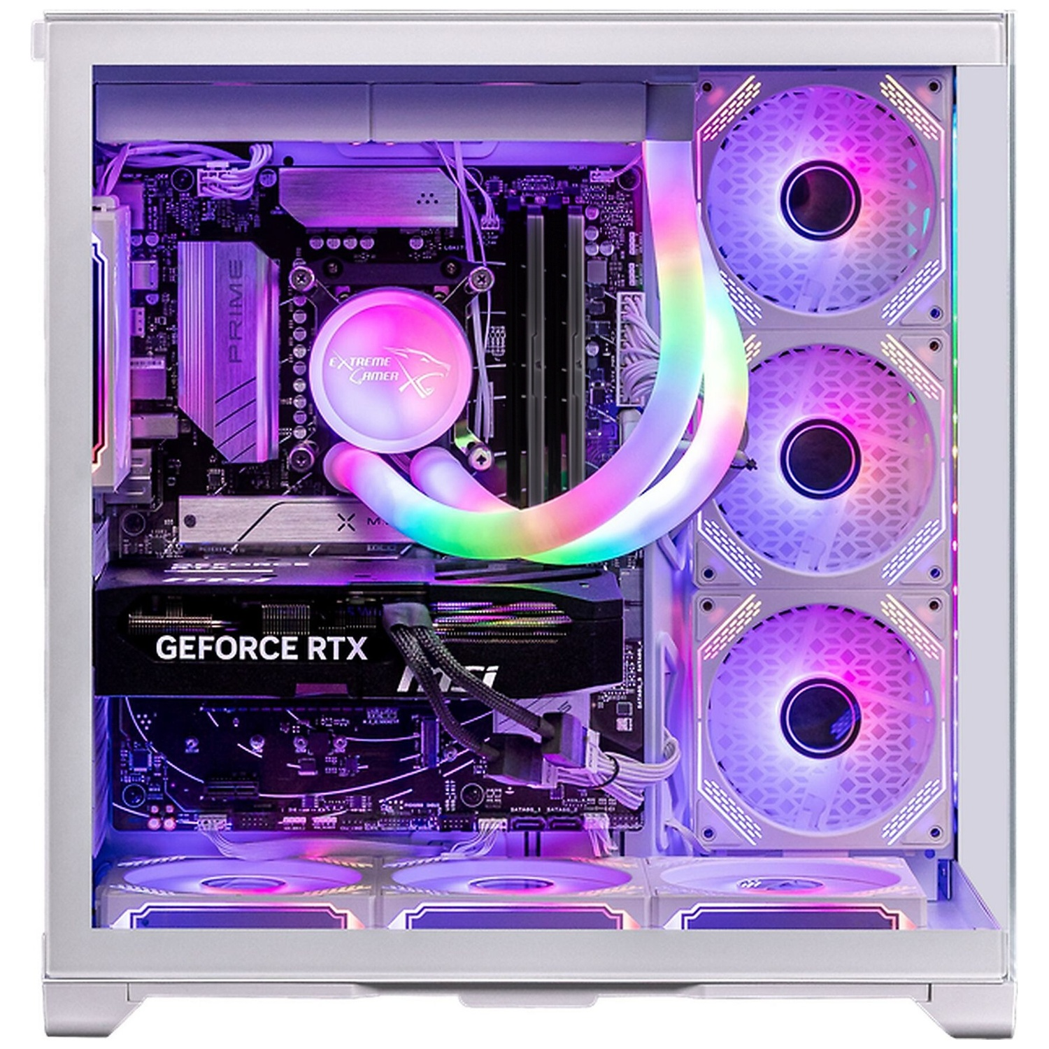 Een witte computerkast met RGB-verlichting, met GPU, moederbord, ventilatoren en koeler.