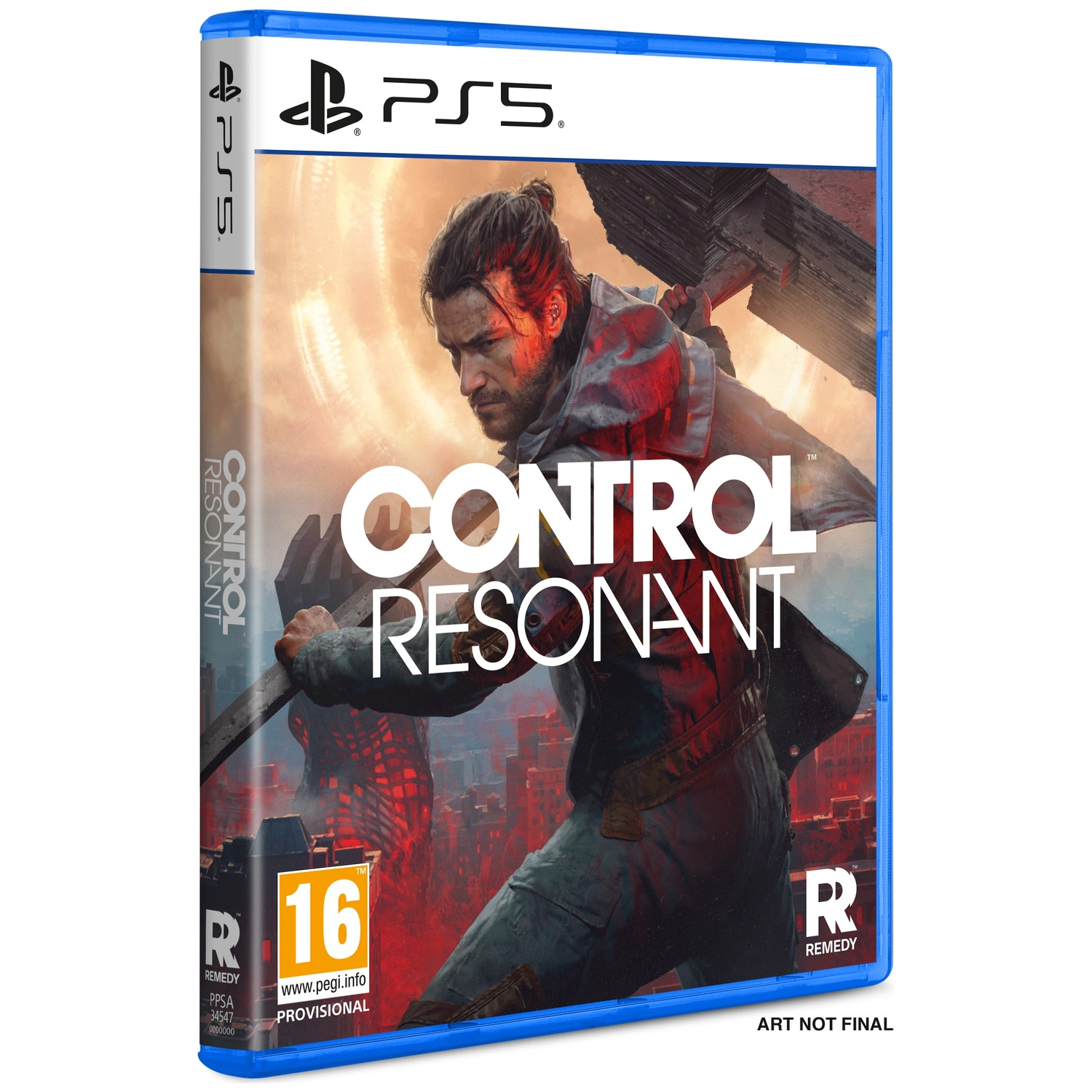 PS5-speldoosje met man tegen stadsdecor. "CONTROL RESONANT" is prominent aanwezig.