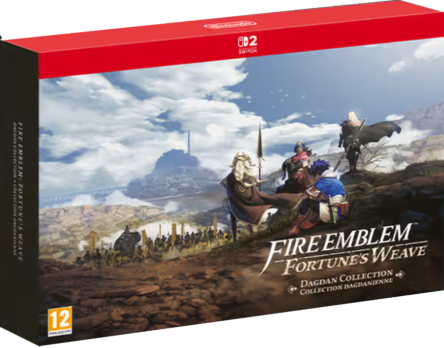 Feuer-Emblem-Spielbox mit Charakteren, Burg und Truppen. 12+.