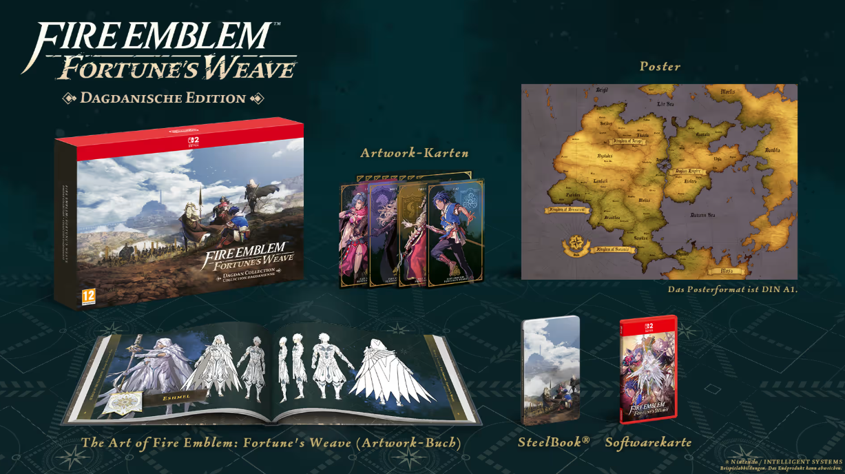 Fire Emblem: Fortune's Weave Dagdanische Edition mit Spiel, Postern, Karten und Buch.
